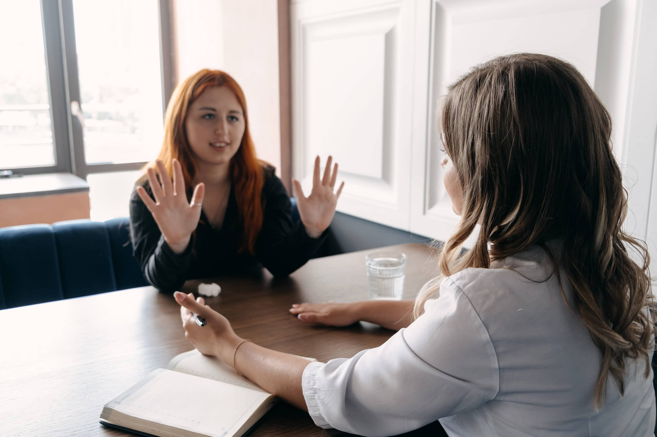 Mental health, wellness, support, emotional stress, therapy concept. Communication session of woman psychologist and client. Psychotherapy or talk therapy.